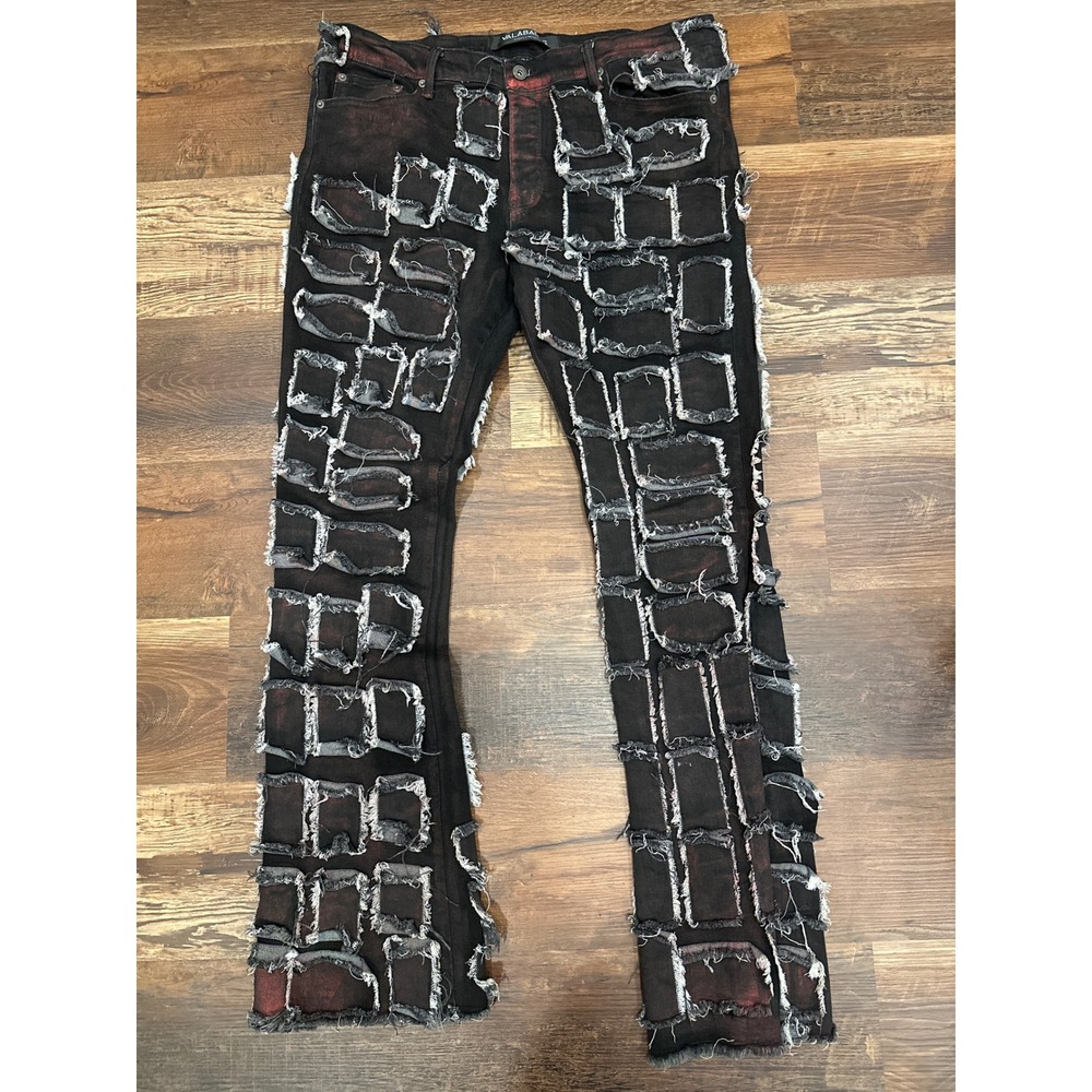 Valabasas Men Black Distressed Stacked Flare Jeans Red Wash Patchwork Size 40